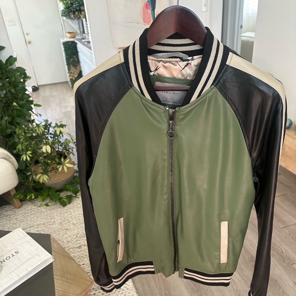 Zara faux leather dark green bomber jacket M